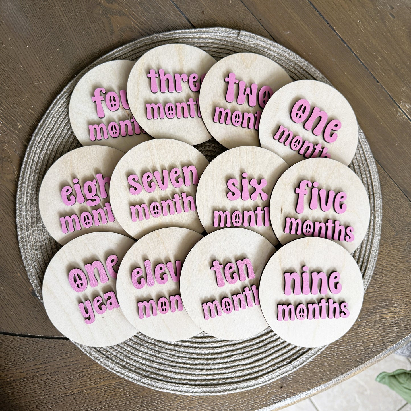 Hand Painted Baby Milestones in Retro Groovy Theme - Engraved Wood Birth Announcement Set
