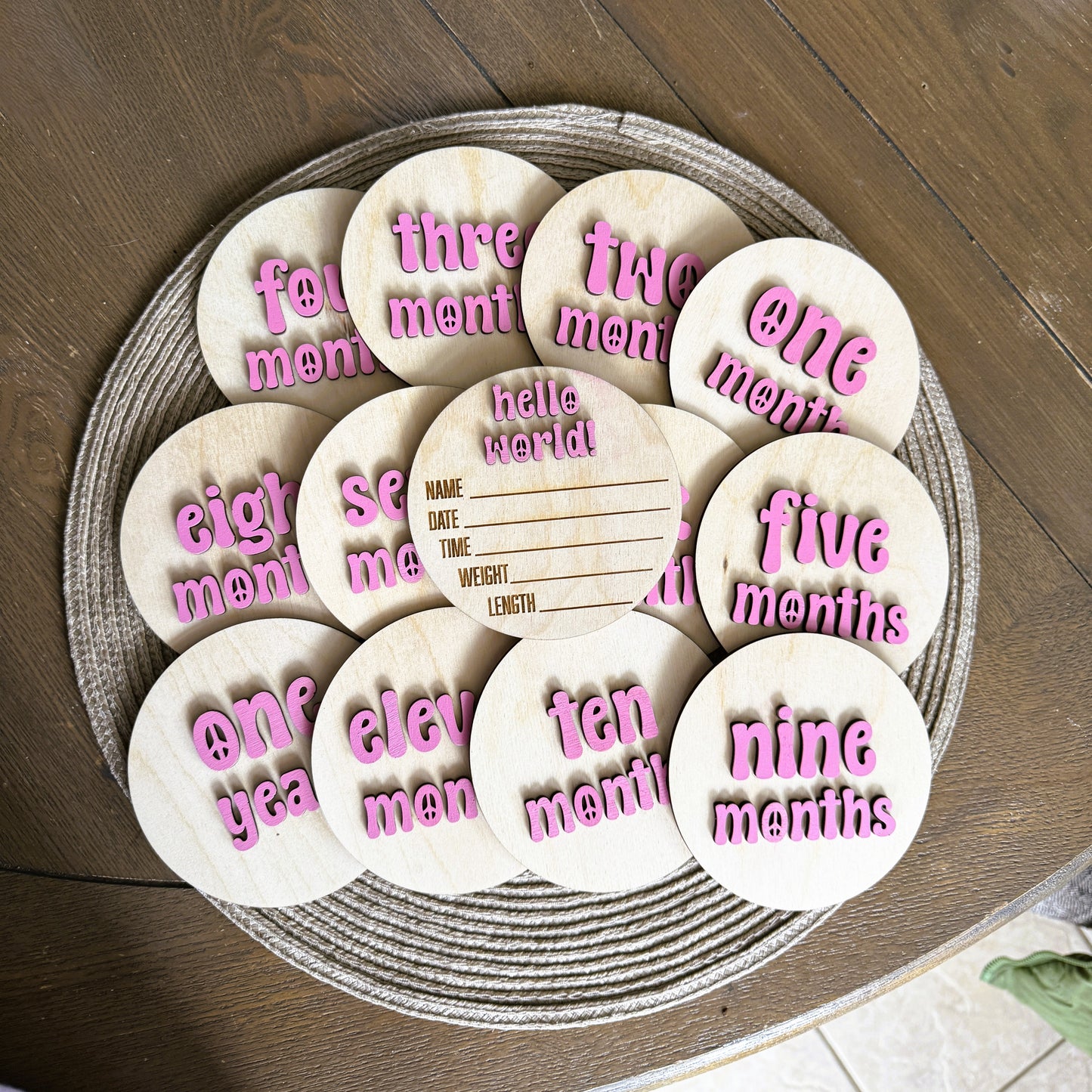 Hand Painted Baby Milestones in Retro Groovy Theme - Engraved Wood Birth Announcement Set