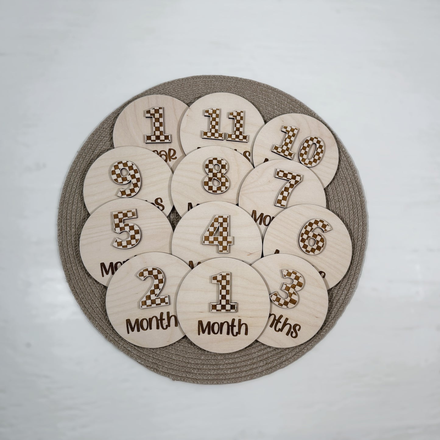 Checkered Engraved Wooden Baby Milestones - 1 Month to 1 Year - Baby Shower Gift