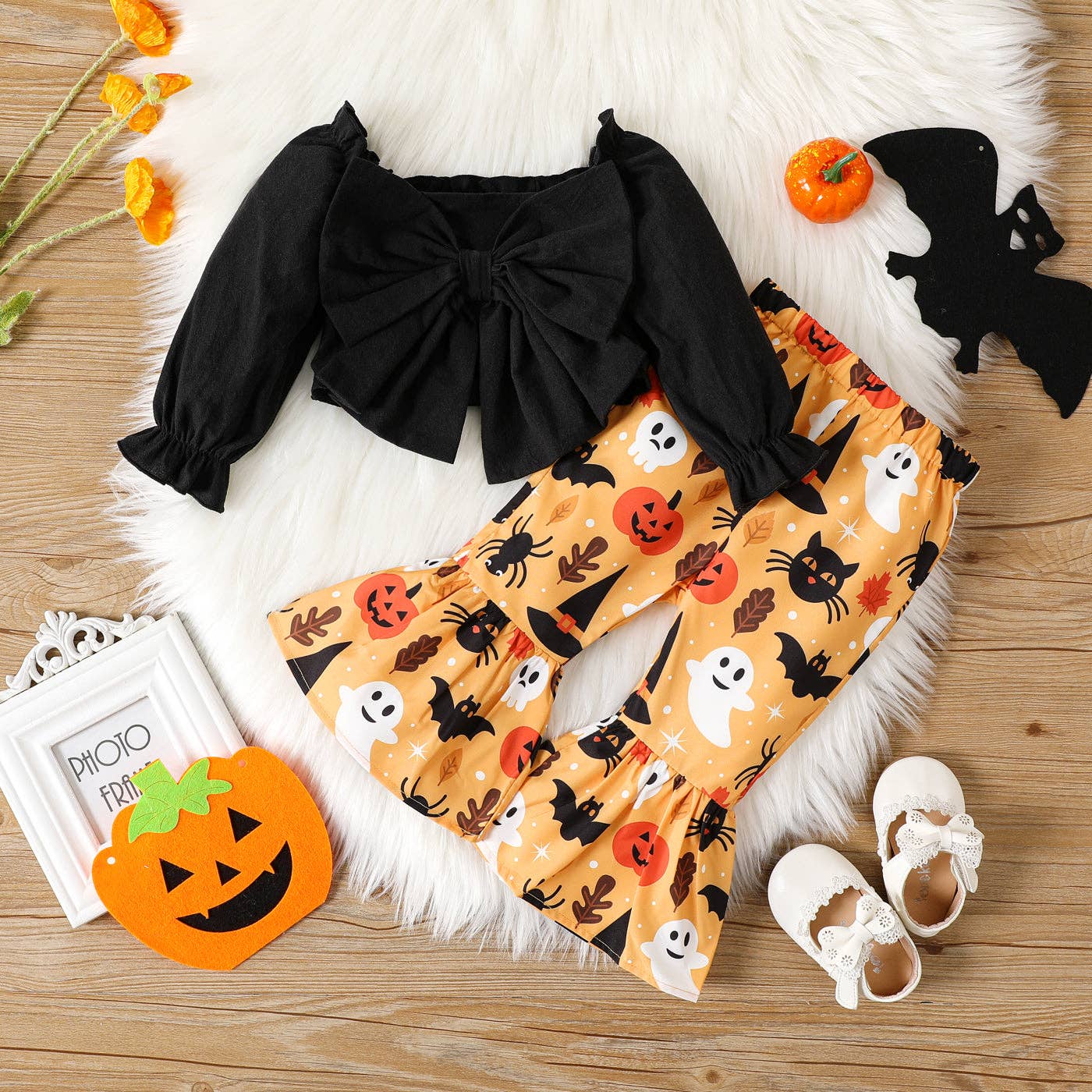Halloween 2pcs Baby Girl Bow Front Crop Top & Flared Pants