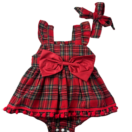 Red Plaid Pom Poms Romper