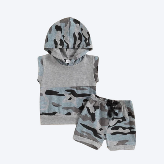 Grey hooded camo short set