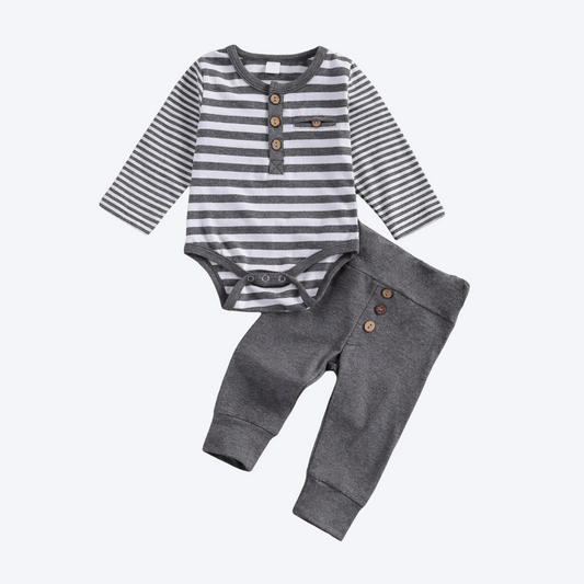 Boys grey stiped romper pant set