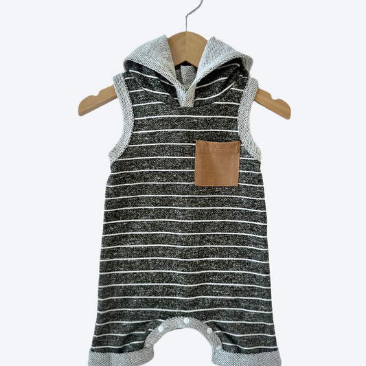 Army green striped hooded romper