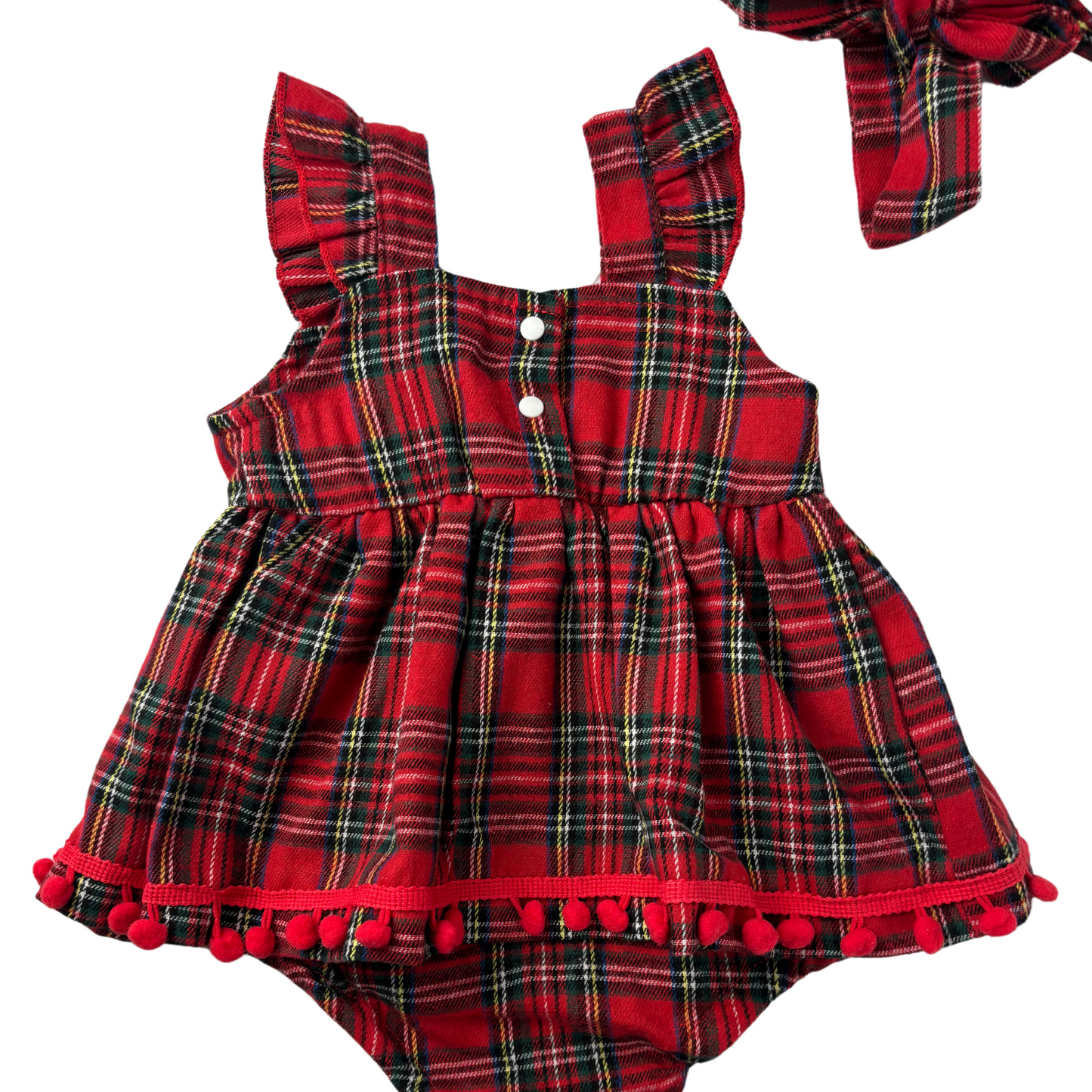 Red Plaid Pom Poms Romper