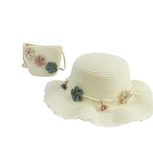 Toddler Girl Summer Cream Hat and Purse Set