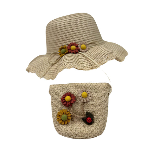 Girl's Flower Beige Hat and Purse Set
