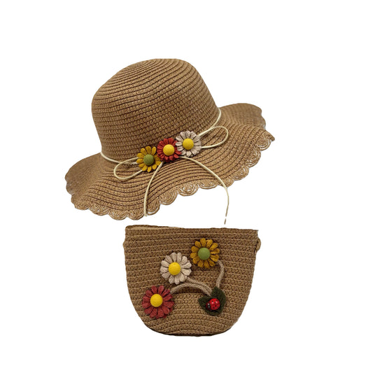 Girl's Flower Tan Hat and Purse Set