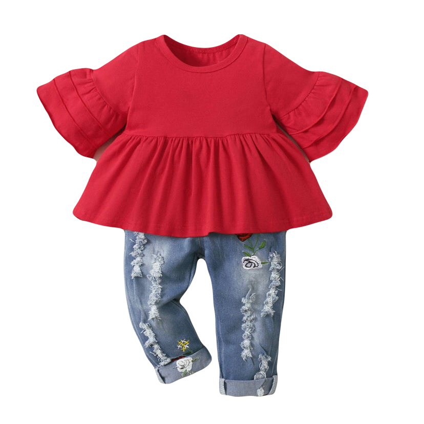 Red Top and Floral Jeans Set