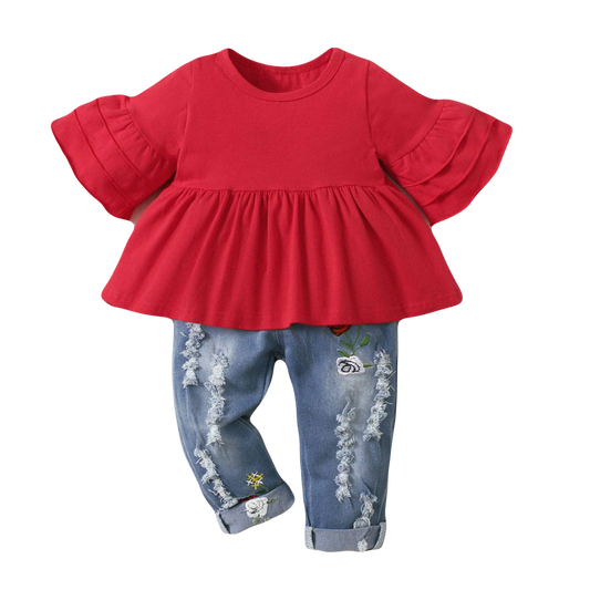 Red Top and Floral Jeans Set