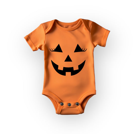 Halloween orange infant body suit with pumpkin face with lashes