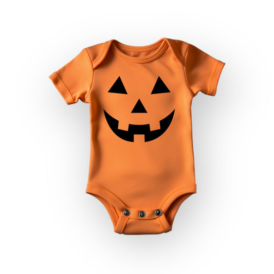 Halloween orange infant one piece body suit with pumpkin face
