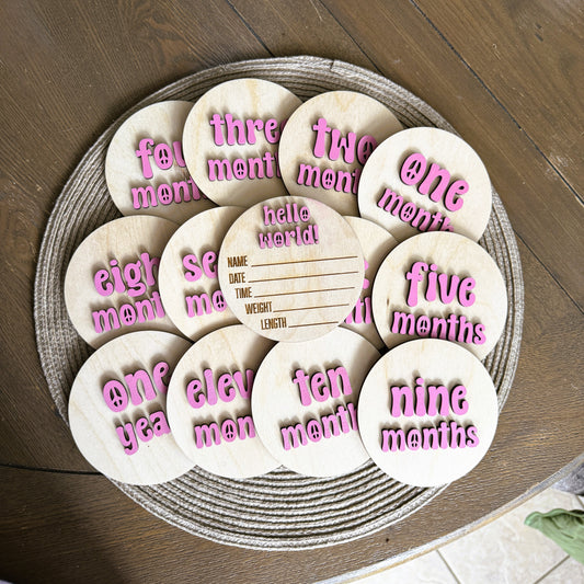 Hand Painted Baby Milestones in Retro Groovy Theme - Engraved Wood Birth Announcement Set