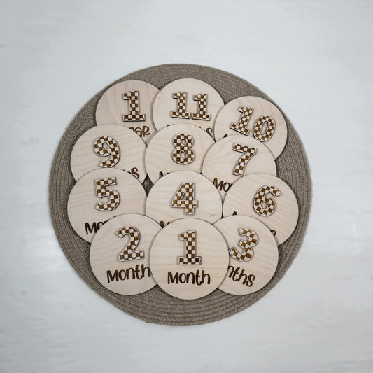 Checkered Engraved Wooden Baby Milestones - 1 Month to 1 Year - Baby Shower Gift
