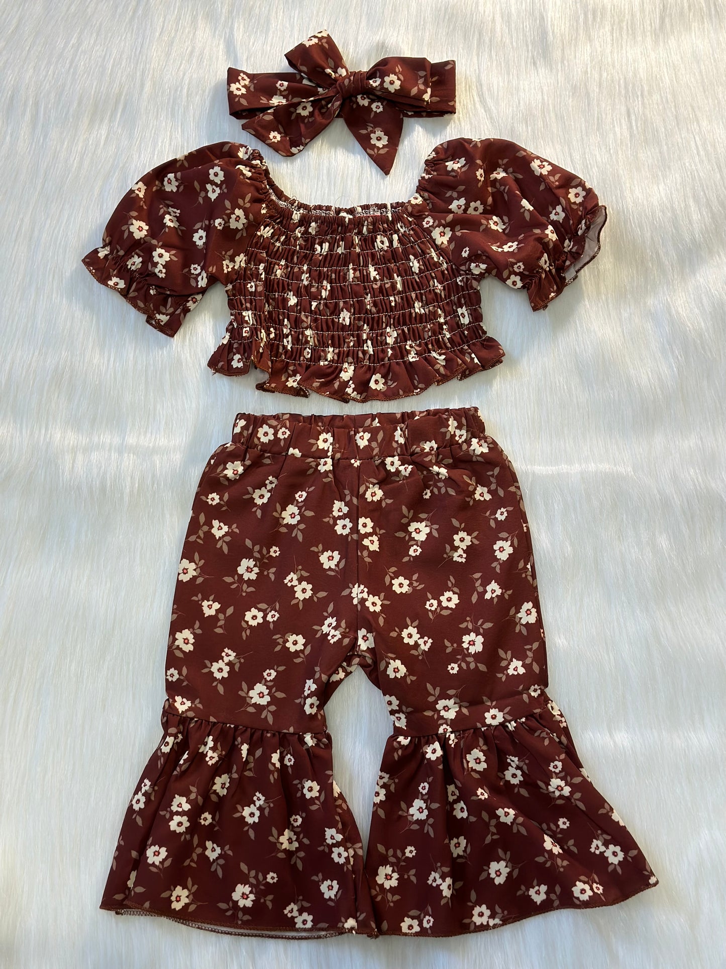 Brown Floral Top and Flared Pants Set