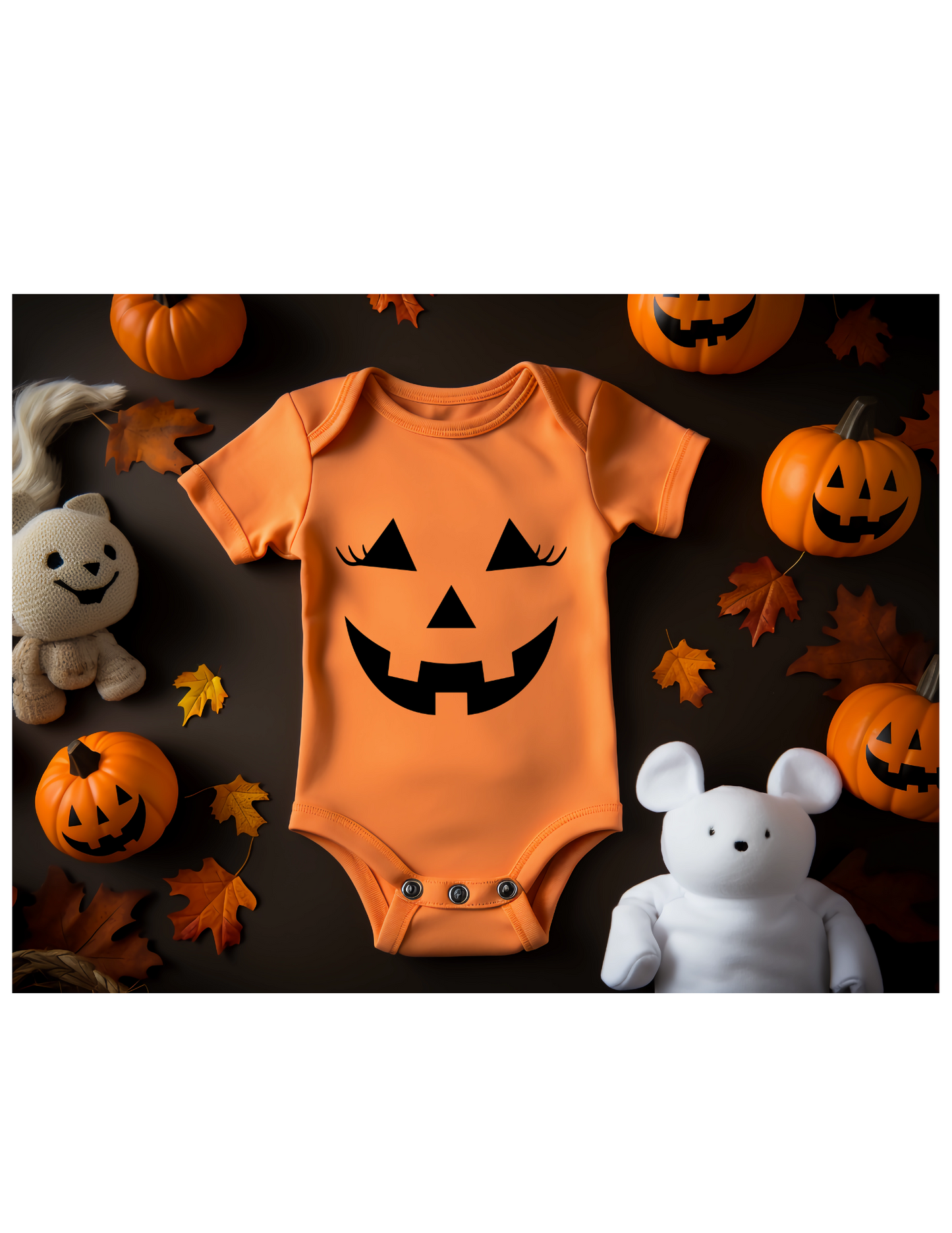 Halloween orange infant body suit with pumpkin face with lashes