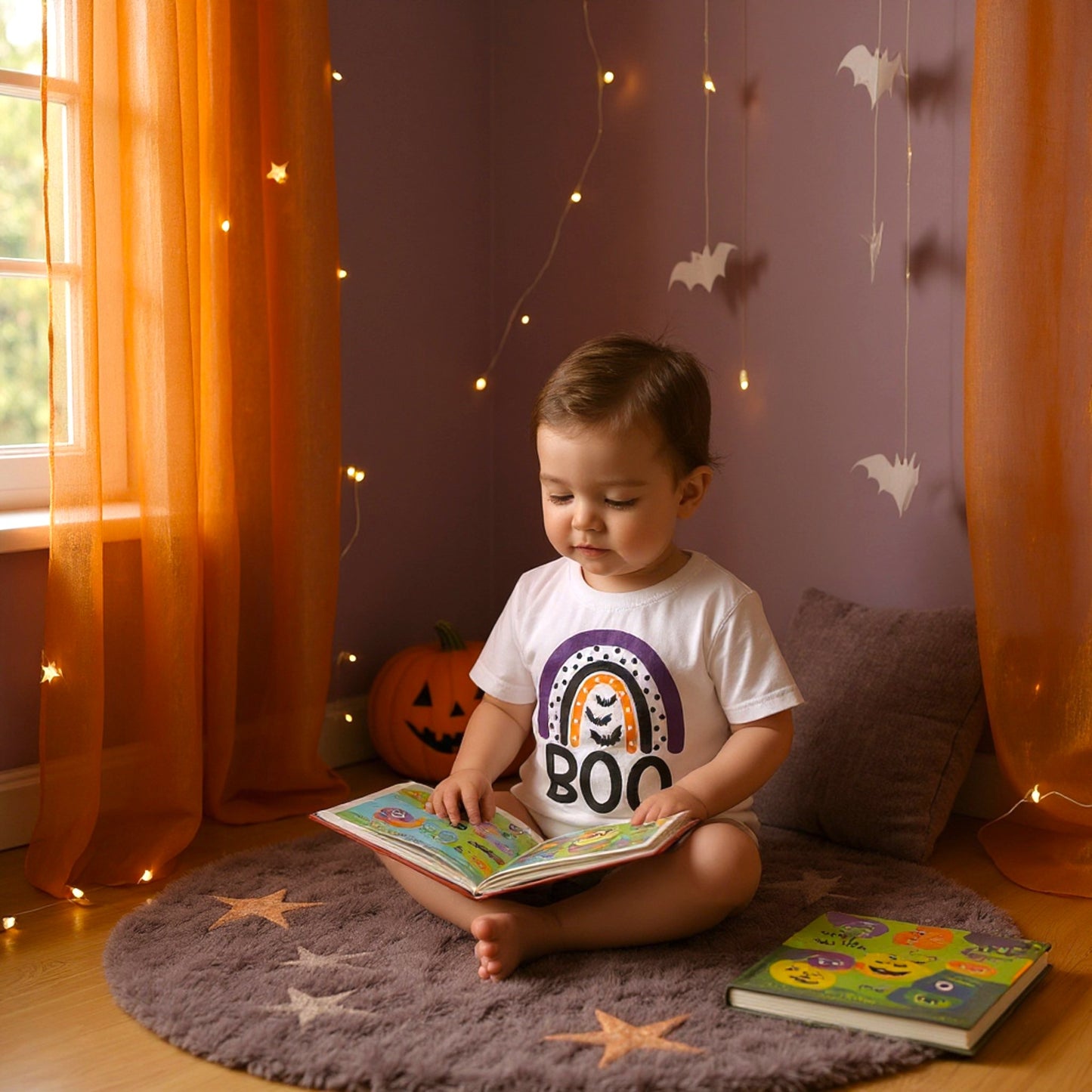 Unisex Halloween T-shirt Boo Rainbow with Bats