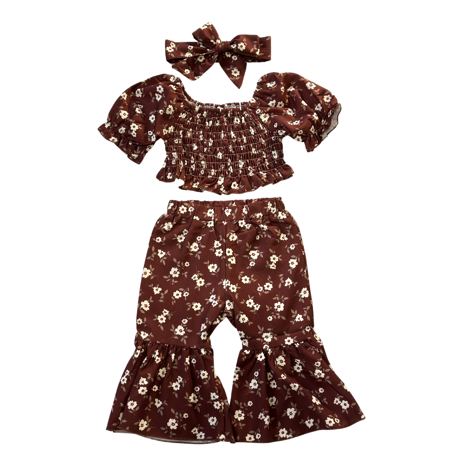 Brown Floral Top and Flared Pants Set