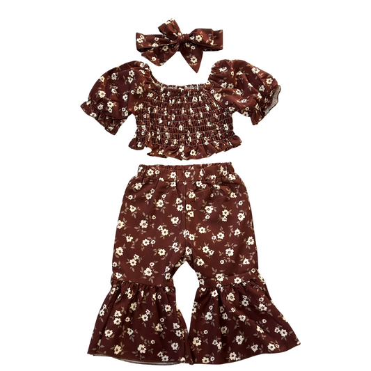 Brown Floral Top and Flared Pants Set