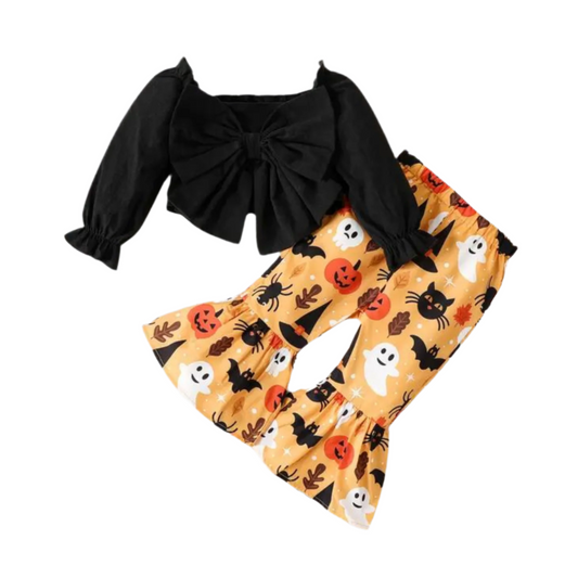 Halloween 2pcs Baby Girl Bow Front Crop Top & Flared Pants