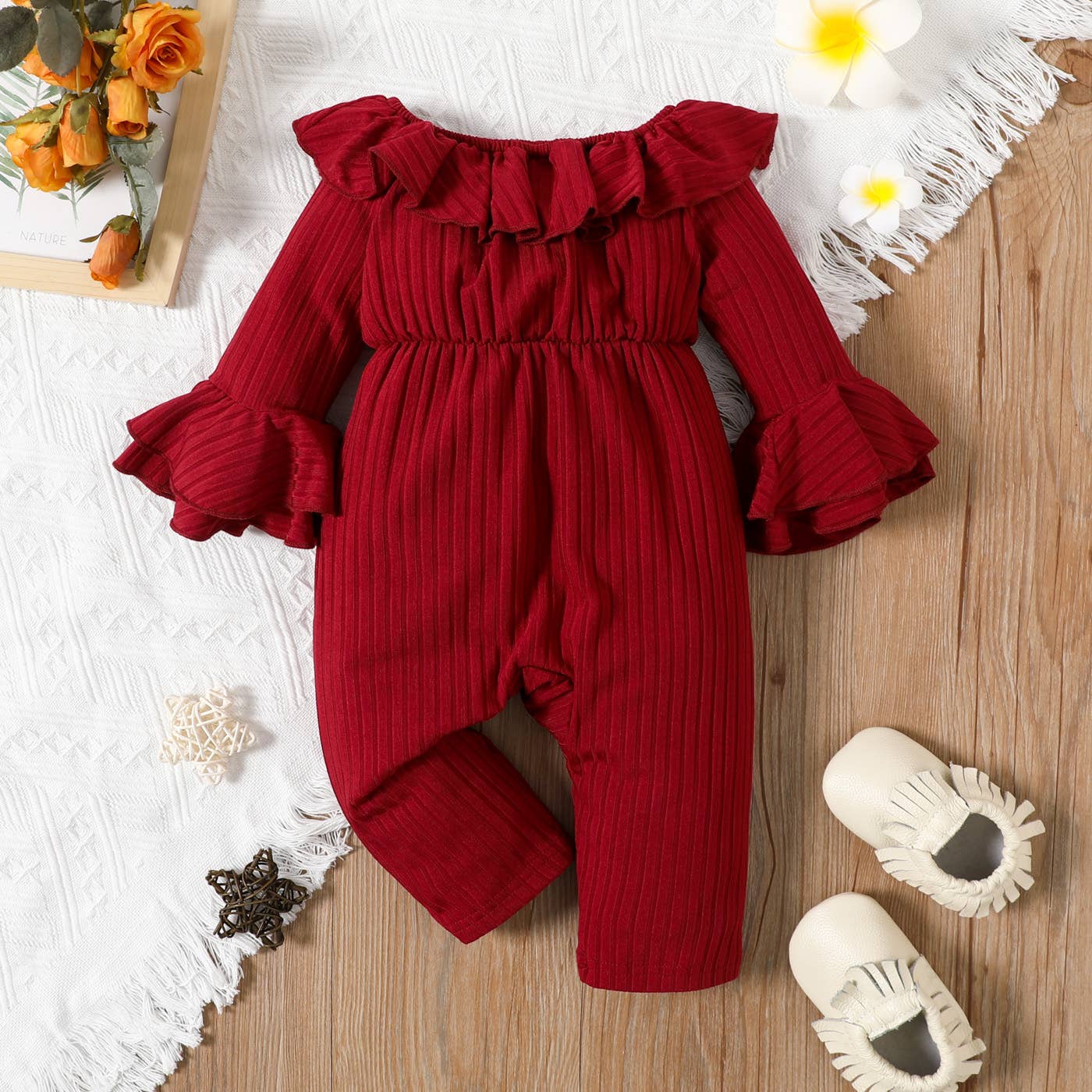 Baby Burgundy Jumpsuit With Ruffles